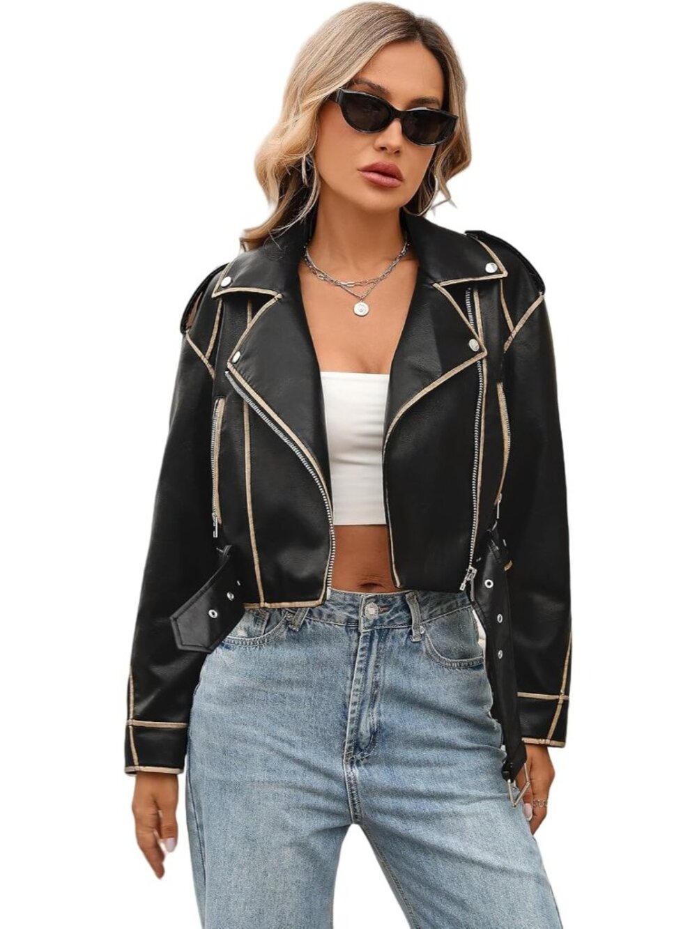 Women's Dark Faux Leather Cropped Distressed Zipper Belted Moto Biker Jacket